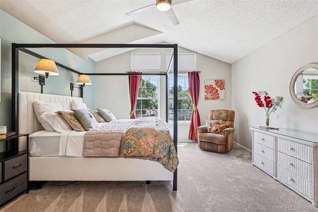 775 Poppywood Dr, Highlands Ranch, CO 80126 - carpeted bedroom featuring multiple windows, lofted ceiling, a textured ceiling, and ceiling fan