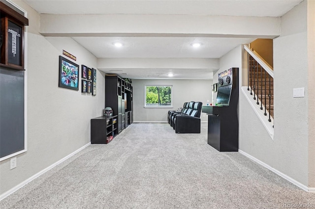775 Poppywood Dr, Highlands Ranch, CO 80126 - living area with carpet, a textured wall, stairs, and recessed lighting