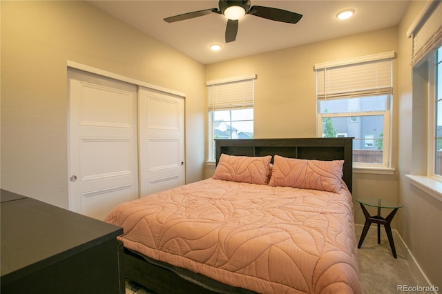 10018 E 62nd Ave, Denver, CO 80238 - carpeted bedroom featuring a closet, baseboards, ceiling fan, and recessed lighting