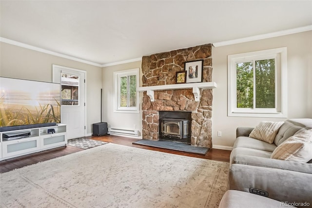 150 Cedar Rd, Evergreen, CO 80439 - living room with crown molding, wood finished floors, a baseboard radiator, and a wood stove