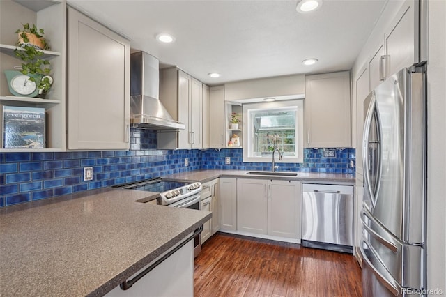 150 Cedar Rd, Evergreen, CO 80439 - kitchen featuring open shelves, stainless steel appliances, wall chimney exhaust hood, backsplash, and dark wood-style flooring