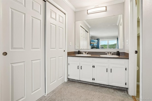 150 Cedar Rd, Evergreen, CO 80439 - bathroom with crown molding, double vanity, and carpet flooring