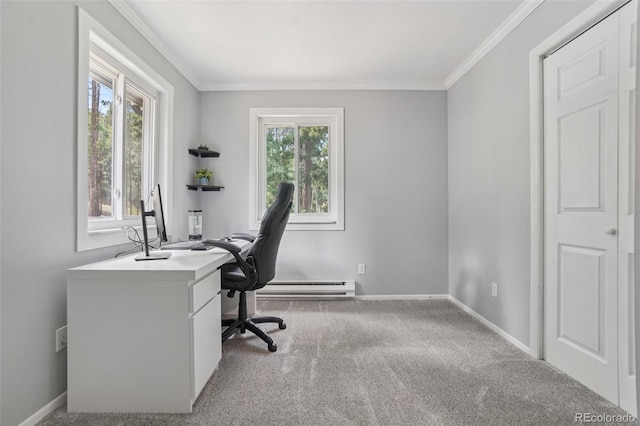 150 Cedar Rd, Evergreen, CO 80439 - home office featuring a baseboard radiator, carpet floors, and ornamental molding