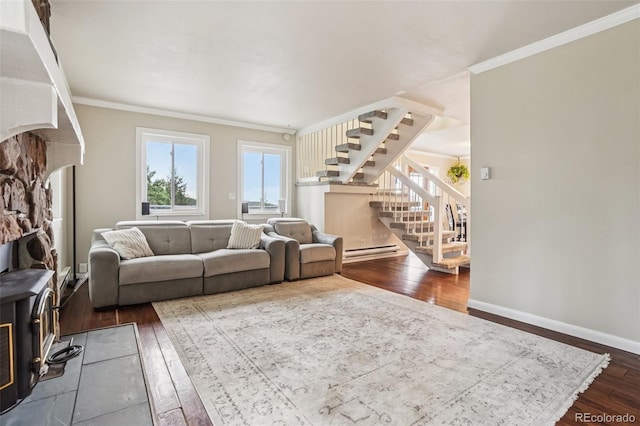 150 Cedar Rd, Evergreen, CO 80439 - living area with stairway, dark wood-style floors, crown molding, and a baseboard heating unit
