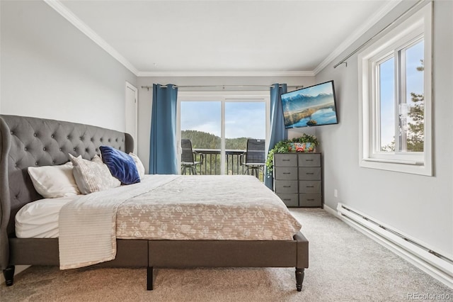150 Cedar Rd, Evergreen, CO 80439 - bedroom featuring a baseboard heating unit, crown molding, access to exterior, and carpet