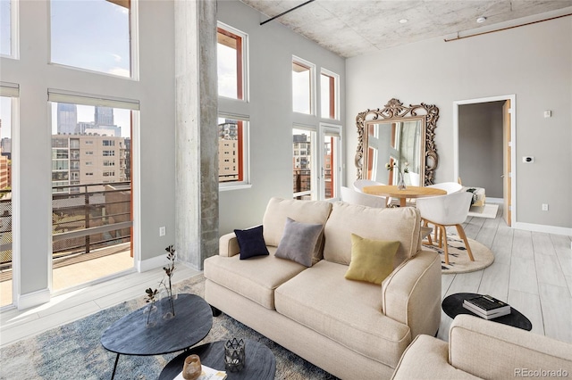 living room featuring a towering ceiling and light hardwood / wood-style floors