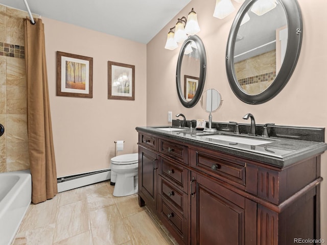 full bathroom featuring vanity, baseboard heating, shower / bath combo with shower curtain, tile patterned flooring, and toilet