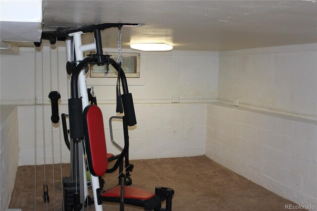 workout room featuring concrete block wall and carpet