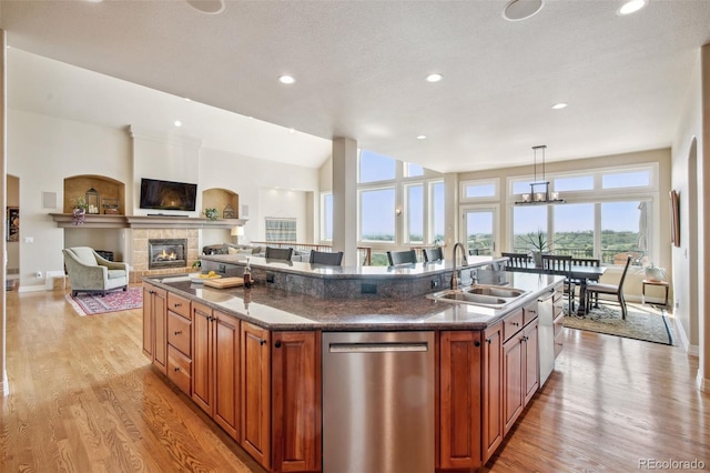 kitchen with a fireplace, stainless steel dishwasher, a healthy amount of sunlight, and an island with sink