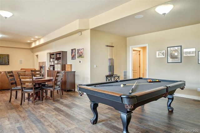 game room with hardwood / wood-style flooring and billiards