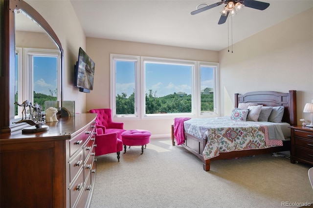 carpeted bedroom with multiple windows and ceiling fan