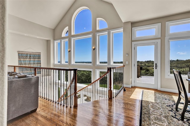 interior space featuring high vaulted ceiling and hardwood / wood-style flooring