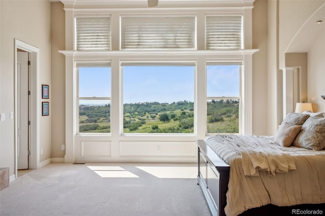 bedroom with light colored carpet