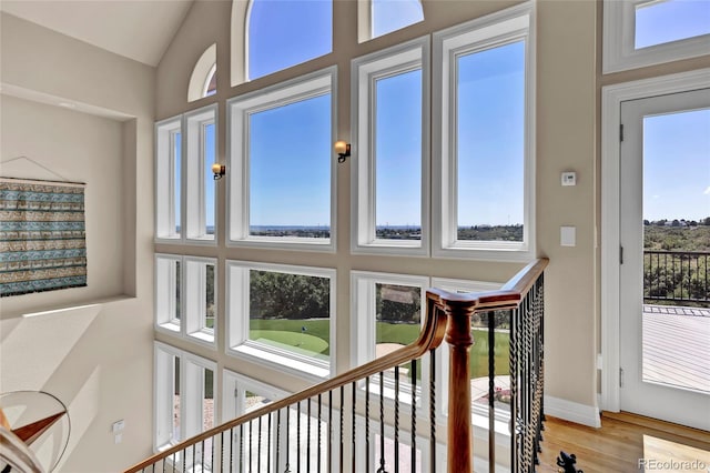 stairway with hardwood / wood-style floors and a wealth of natural light