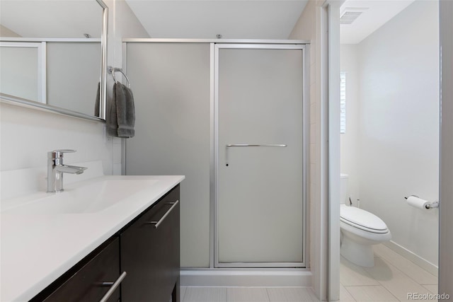 full bath featuring vanity, visible vents, toilet, baseboards, and a shower stall