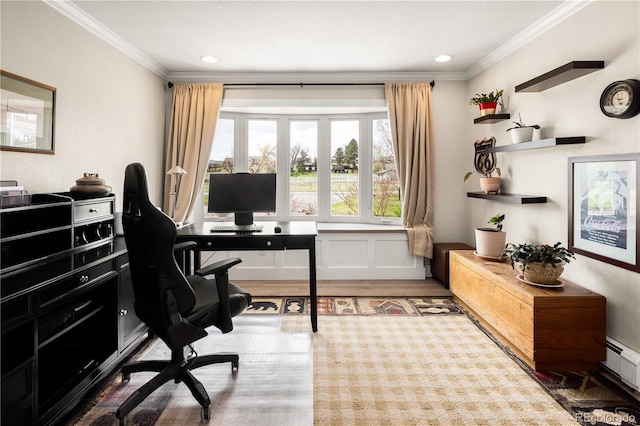 office area with recessed lighting, ornamental molding, and wood finished floors