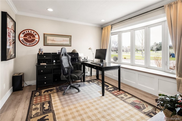 office area featuring recessed lighting, ornamental molding, and light wood finished floors