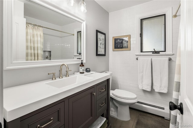bathroom with vanity, a baseboard radiator, tile patterned floors, toilet, and a shower with shower curtain