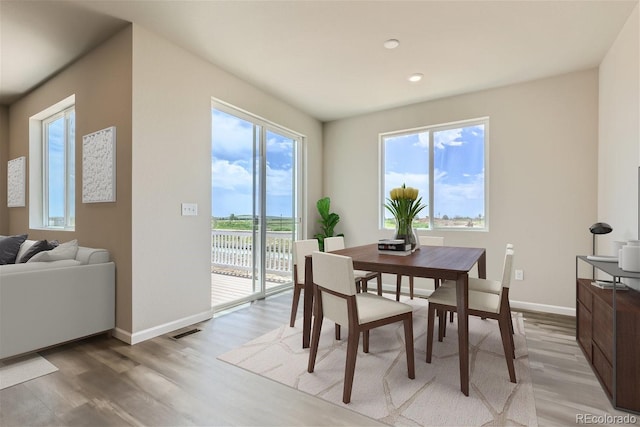 dining room with a healthy amount of sunlight and light hardwood / wood-style flooring