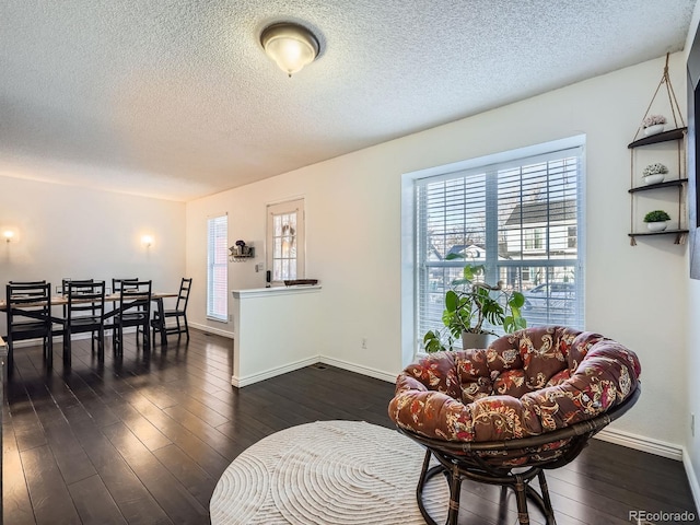 living area with dark hardwood / wood-style floors, a healthy amount of sunlight, and a textured ceiling