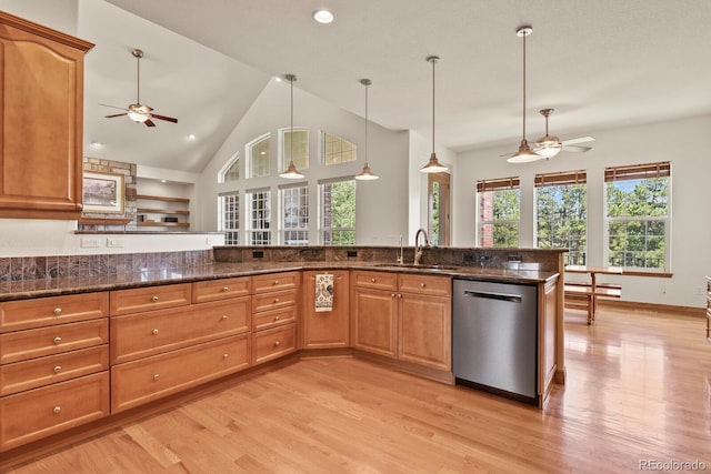 11268 Bell Cross Cir, Parker, CO 80138 - kitchen featuring stainless steel dishwasher, ceiling fan, light wood-style floors, pendant lighting, and lofted ceiling