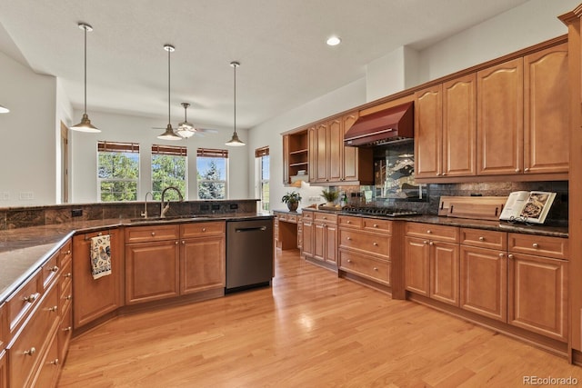11268 Bell Cross Cir, Parker, CO 80138 - kitchen featuring appliances with stainless steel finishes, wall chimney range hood, open shelves, light wood-type flooring, and tasteful backsplash
