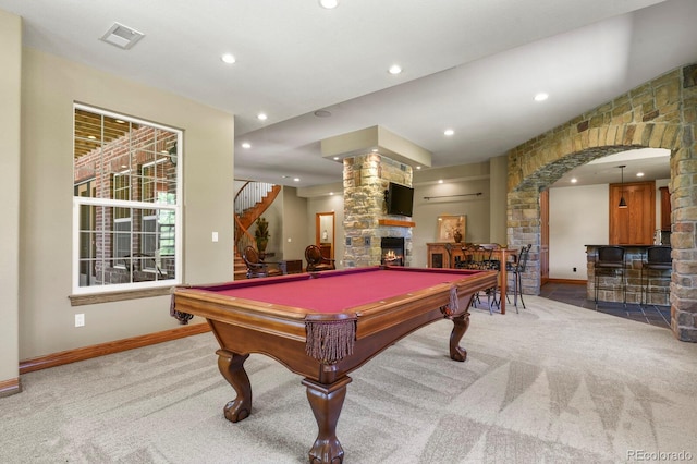 11268 Bell Cross Cir, Parker, CO 80138 - rec room featuring carpet flooring, a fireplace, recessed lighting, arched walkways, and billiards table