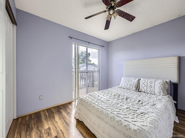 5154 E 126th Ct, Thornton, CO 80241 - bedroom featuring access to exterior, wood finished floors, a textured ceiling, and a ceiling fan