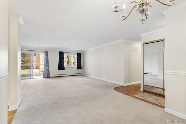 unfurnished living room featuring a baseboard radiator, carpet, and a notable chandelier