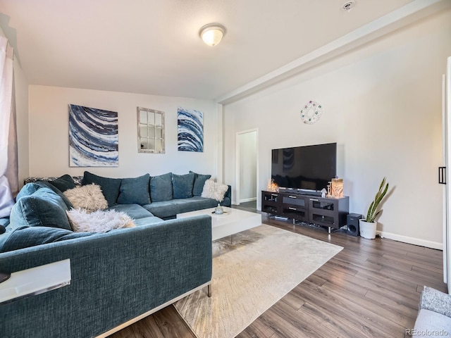 living area featuring baseboards and wood finished floors