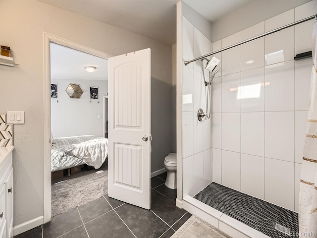 bathroom with tile patterned flooring, ensuite bath, a shower stall, and toilet