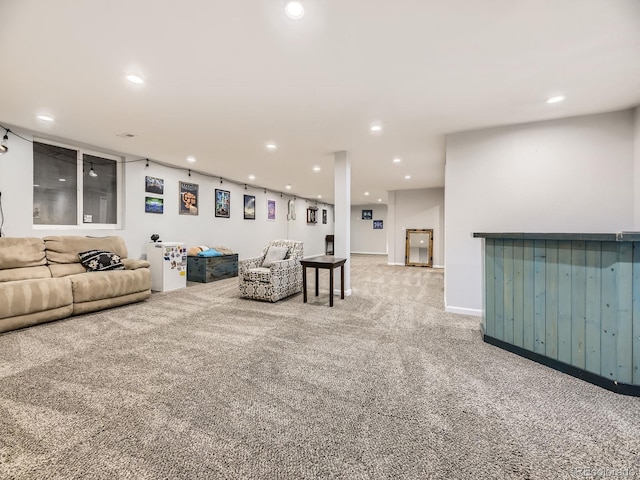 carpeted living room featuring recessed lighting