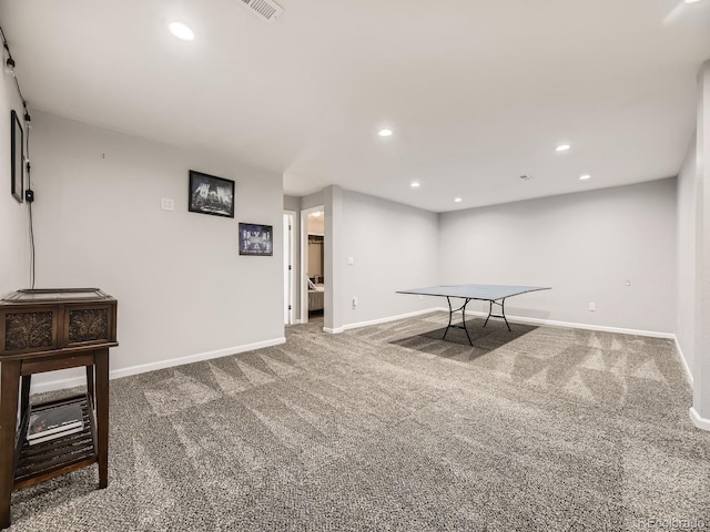 playroom with carpet, baseboards, and recessed lighting