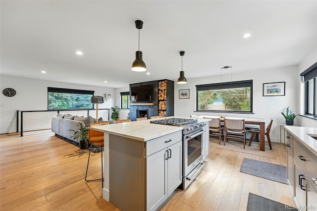1801 Redwood Ave, Boulder, CO 80304 - kitchen with high end stainless steel range oven, light wood-style flooring, pendant lighting, healthy amount of natural light, and recessed lighting