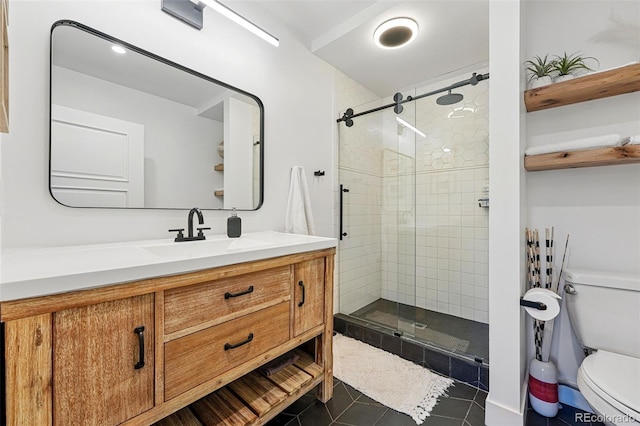 1801 Redwood Ave, Boulder, CO 80304 - full bathroom with toilet, vanity, a stall shower, and tile patterned flooring