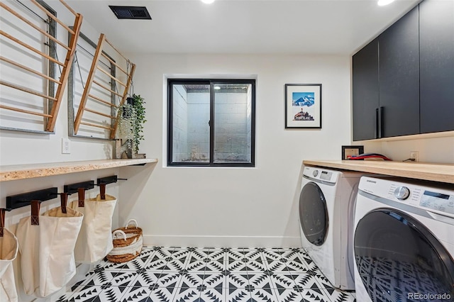 1801 Redwood Ave, Boulder, CO 80304 - washroom with washing machine and dryer, cabinet space, baseboards, recessed lighting, and tile patterned floors
