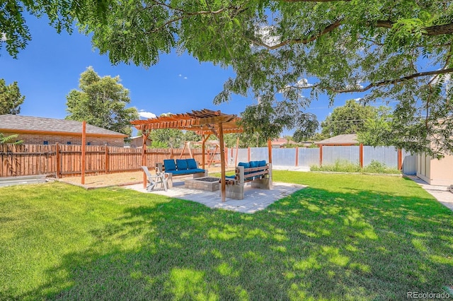 2310 Kenton St, Aurora, CO 80010 - fenced backyard with outdoor lounge area, a pergola, and a patio area