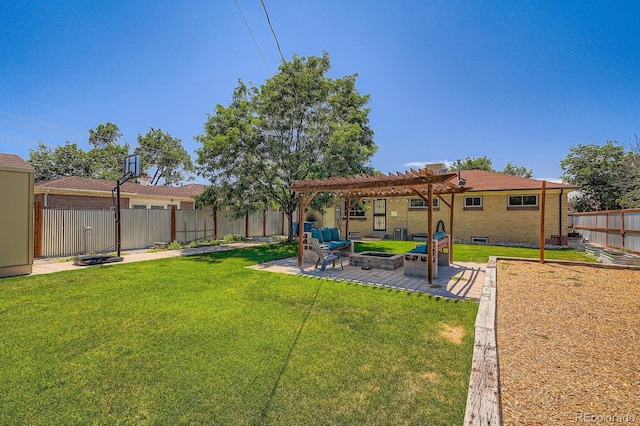 2310 Kenton St, Aurora, CO 80010 - fenced backyard with an outdoor fire pit, a pergola, and a patio