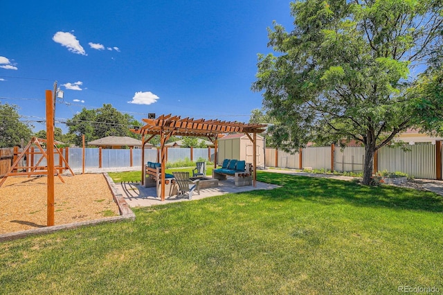 2310 Kenton St, Aurora, CO 80010 - fenced backyard featuring a patio area, a pergola, a playground, and an outdoor hangout area