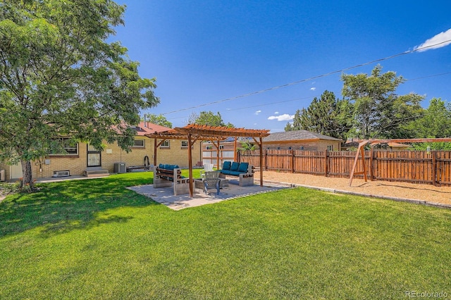 2310 Kenton St, Aurora, CO 80010 - fenced backyard featuring a pergola, an outdoor living space, entry steps, a patio, and a playground