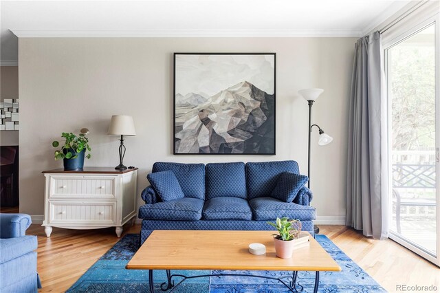 111 S Monroe St Unit B106, Denver, CO 80209 - living room featuring wood finished floors and ornamental molding
