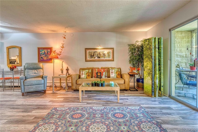 living room with hardwood / wood-style flooring, plenty of natural light, and a textured ceiling