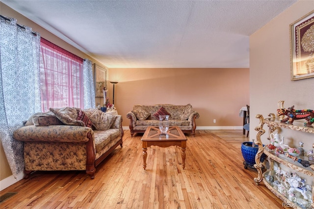 living room featuring hardwood / wood-style flooring and a textured ceiling