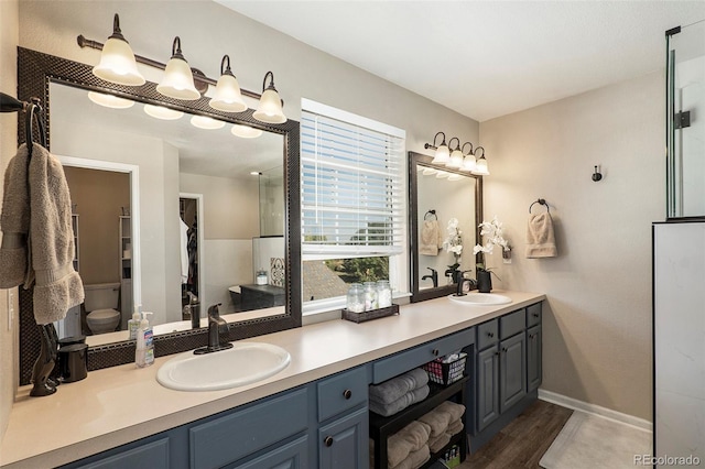 bathroom featuring toilet, vanity, and hardwood / wood-style floors