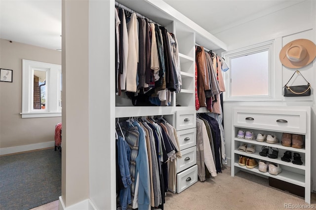 walk in closet featuring light carpet
