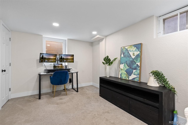 carpeted office space featuring baseboards and recessed lighting