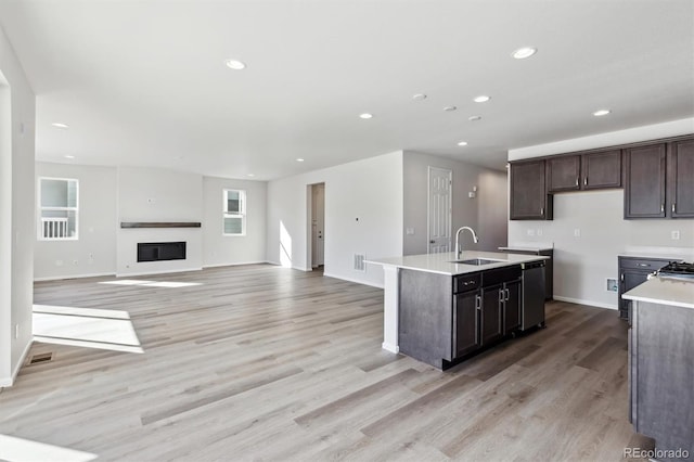 kitchen featuring a wealth of natural light, sink, dark brown cabinetry, light hardwood / wood-style floors, and a center island with sink