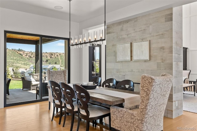 dining area featuring a mountain view and light wood-type flooring