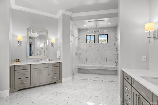 full bathroom with a washtub, two vanities, a sink, marble finish floor, and a marble finish shower