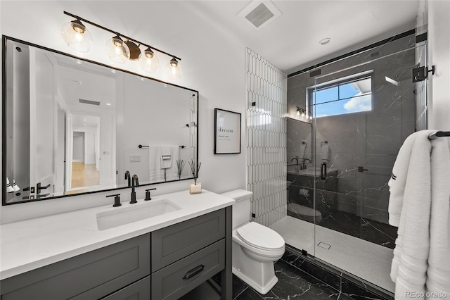 bathroom with vanity, visible vents, marble finish floor, toilet, and a marble finish shower